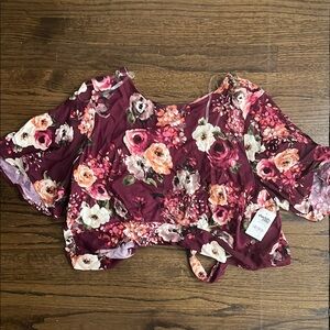 Charlotte Russe Red and Pink Floral Flutter Sleeve Crop Blouse